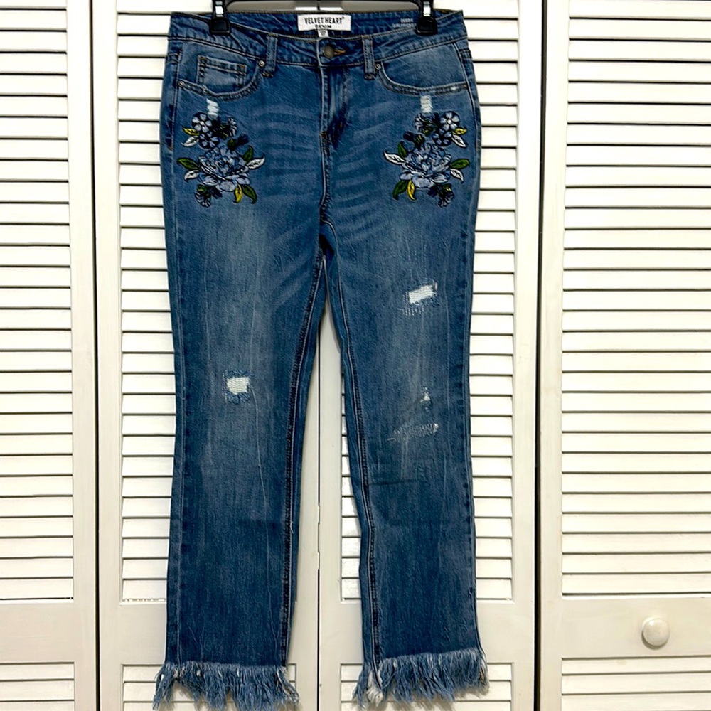 Velvet Heart Premium Denim Debbie Girlfriend Slim Floral Distress Fringe Jean 27